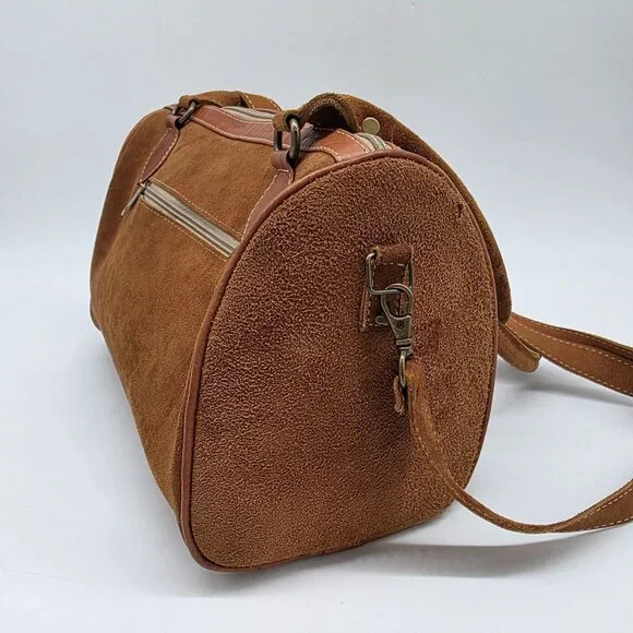 Vintage Brown Suede Satchel Embroidered Details & Multiple Zipper Pockets - Picture 5 of 13